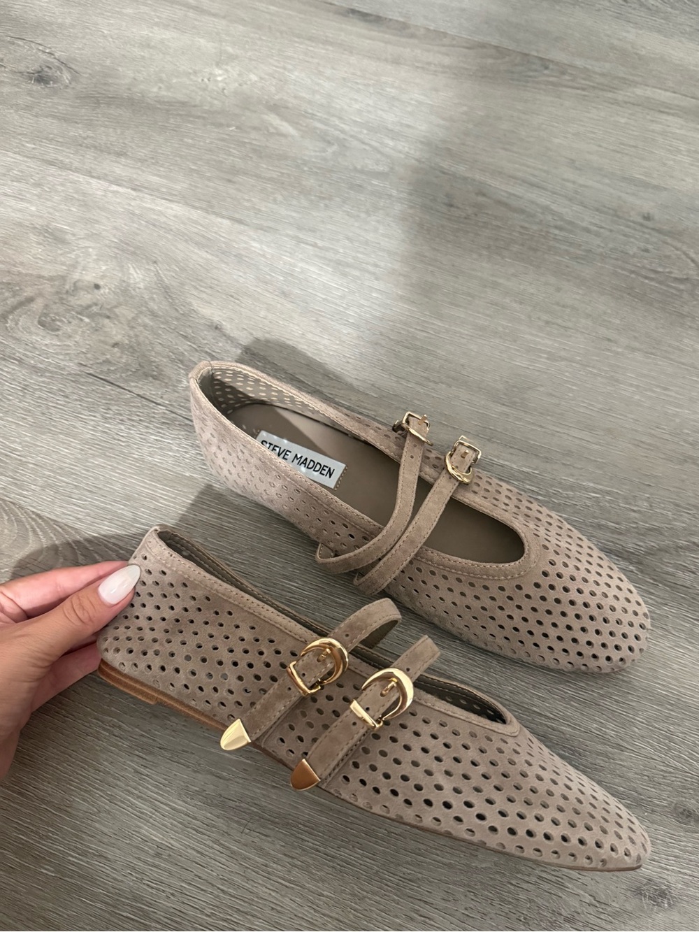 Steve Madden Taupe Perforated Double Buckle Flats